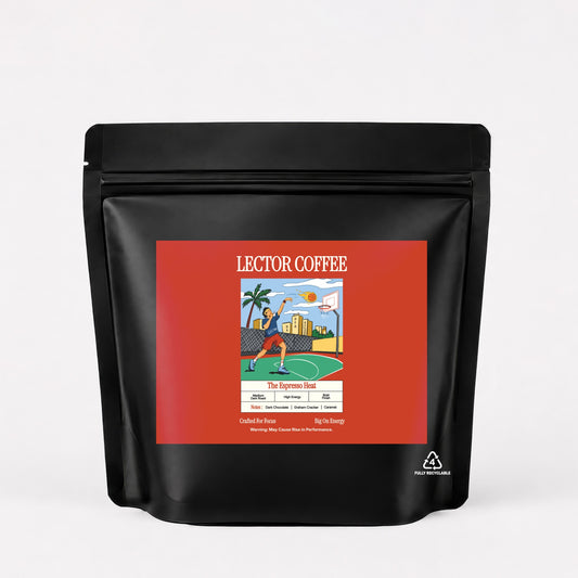 The Espresso Heat black pouch with red-orange basketball label, front