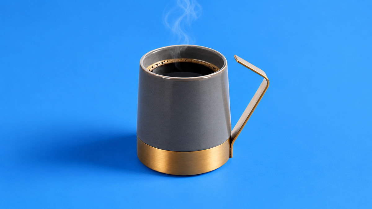 Grey Duke ceramic cup with gold handle and base on blue background