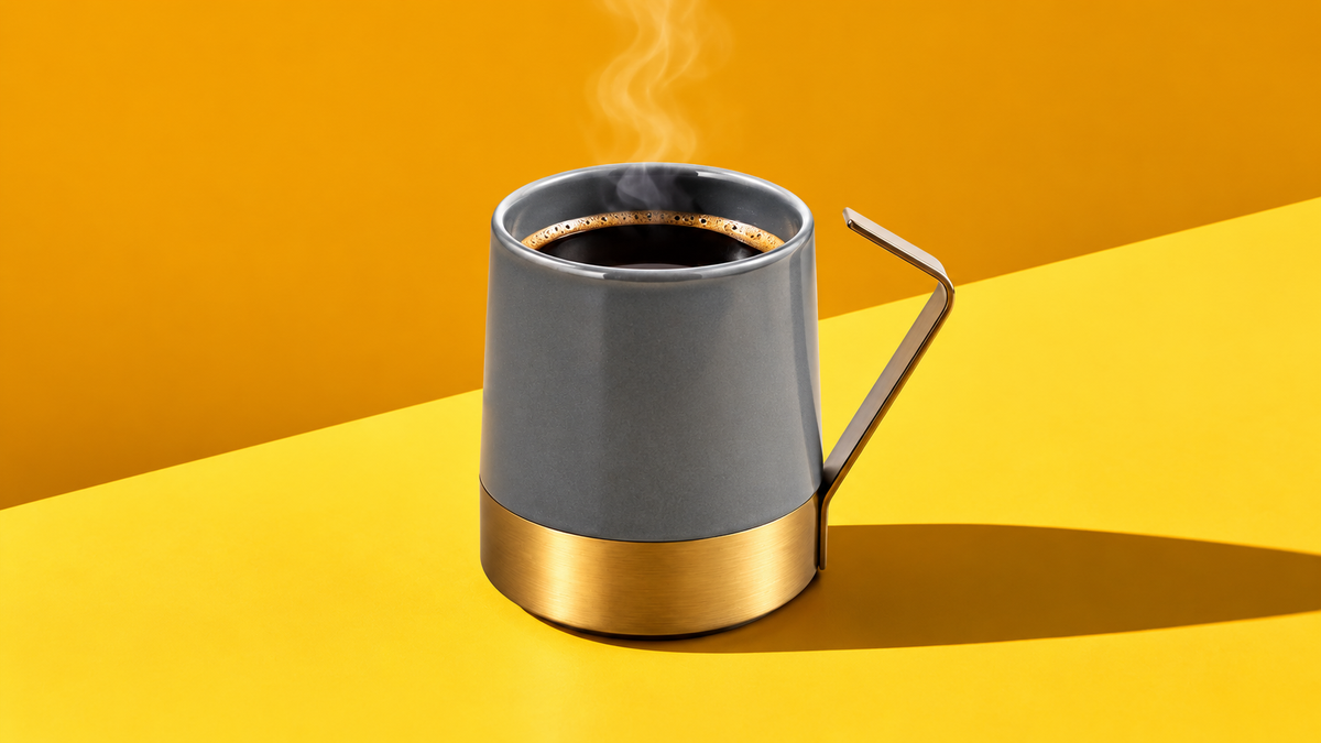 Grey Duke ceramic cup with gold handle and base on golden background