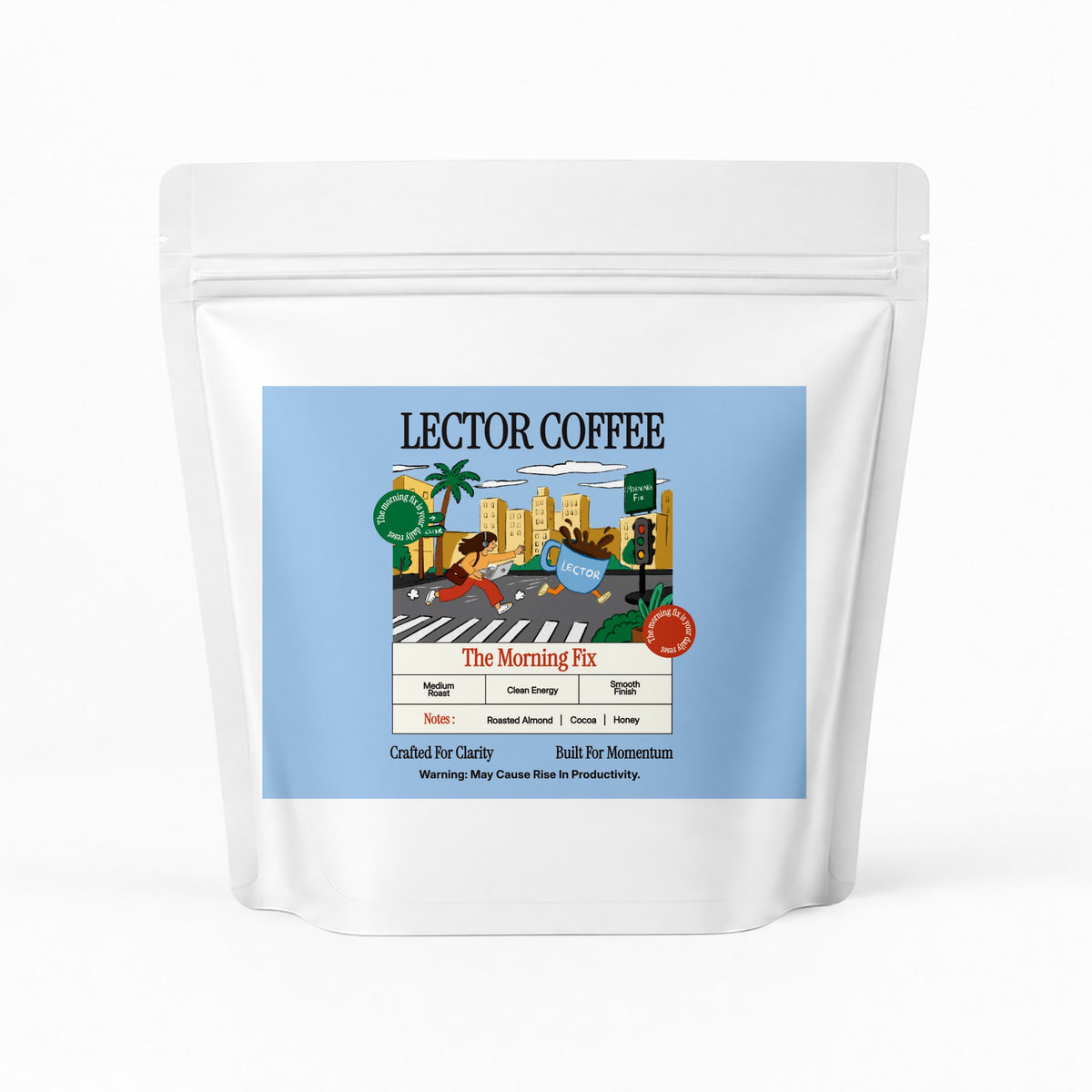 The Morning Fix white pouch with blue label, front packaging